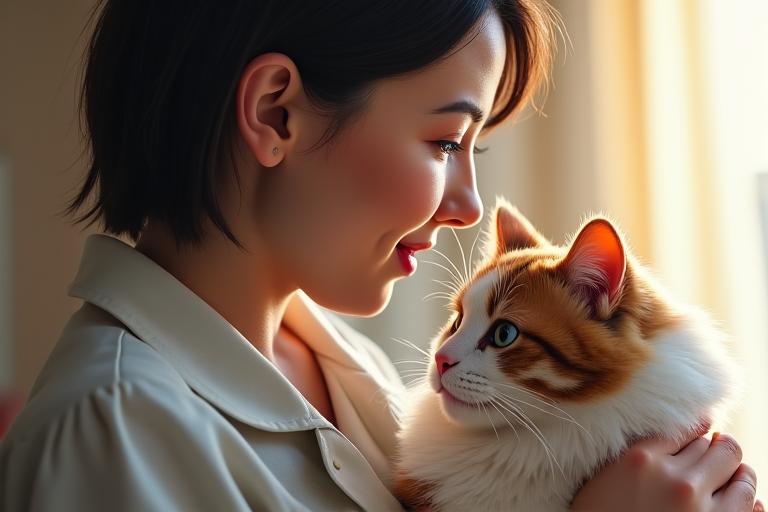 スタッフが優しく猫を抱きしめている心温まる瞬間