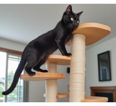 モダンなキャットツリーで遊ぶ猫