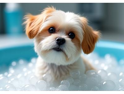 リラックスした表情で泡風呂に入っている小型犬