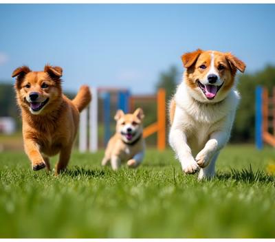 広々とした屋外エリアで楽しそうに遊ぶ数匹の犬