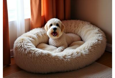 暖色系の照明が当たる美しい内装の豪華な犬用ベッド