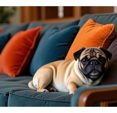 Paws & Petalsのラウンジでくつろぐパグ