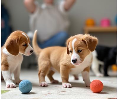 仔犬たちがトレーナーの見守る中、交流している様子