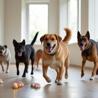 楽しい屋内アクティビティスペースで遊ぶ犬たち