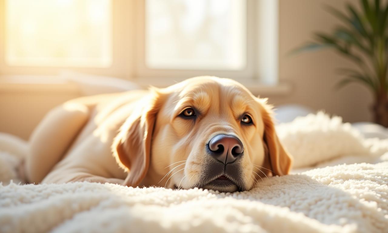 日光が差し込む清潔で静かな環境でリラックスしている幸せそうな犬