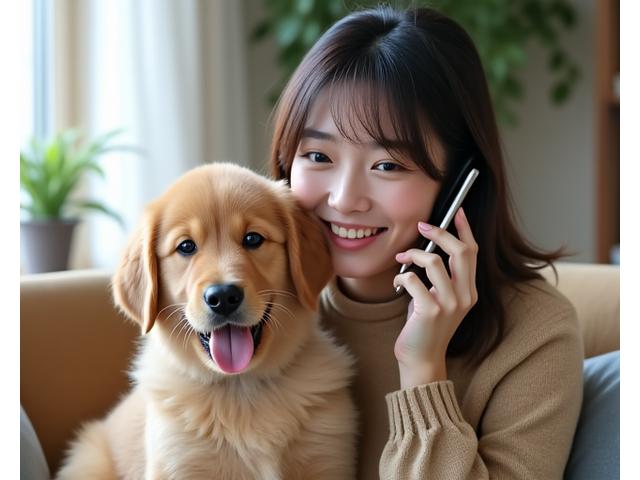 電話で話している女性と可愛い子犬